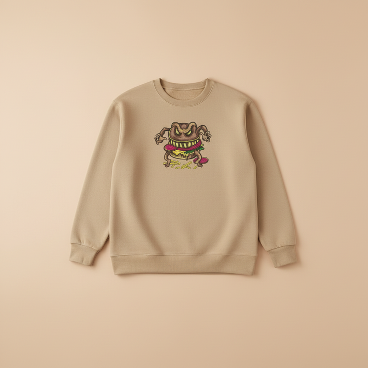 Cursed Burger Machine Embroidered Sweatshirt – Hand Finished in Dubai | EmbroMania