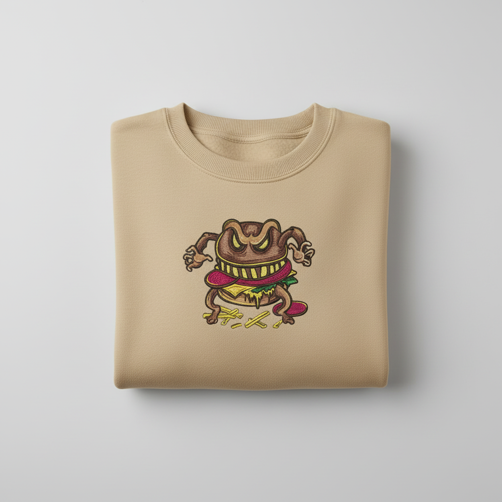 Cursed Burger Machine Embroidered Sweatshirt – Hand Finished in Dubai | EmbroMania