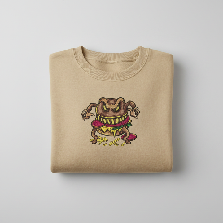 Cursed Burger Machine Embroidered Sweatshirt – Hand Finished in Dubai | EmbroMania