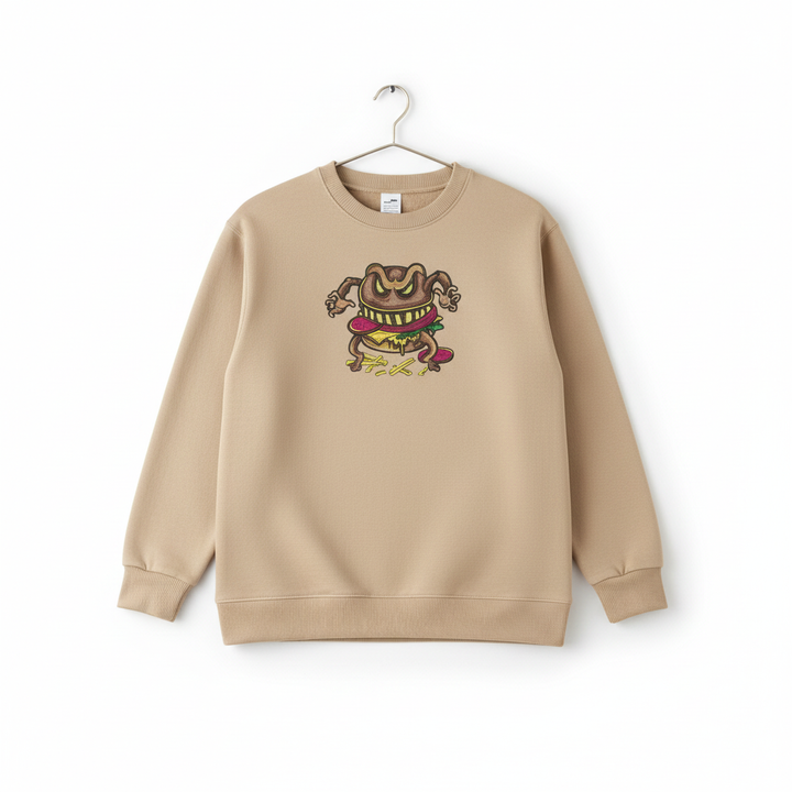 Cursed Burger Machine Embroidered Sweatshirt – Hand Finished in Dubai | EmbroMania