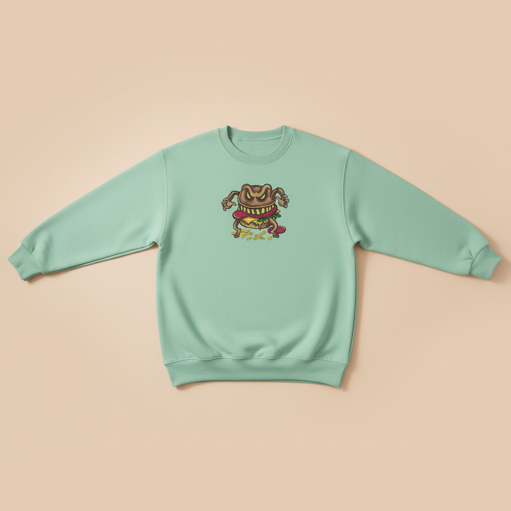 Cursed Burger Machine Embroidered Sweatshirt – Hand Finished in Dubai | EmbroMania