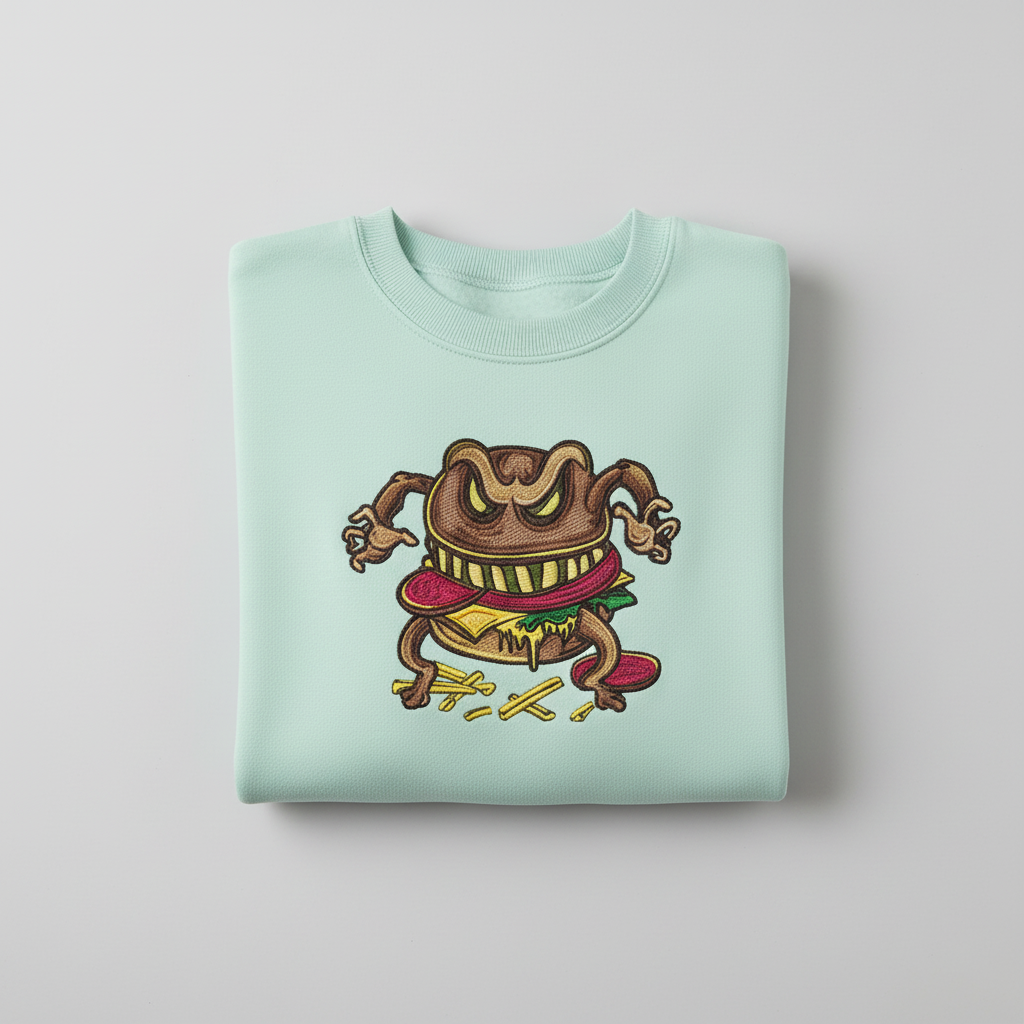 Cursed Burger Machine Embroidered Sweatshirt – Hand Finished in Dubai | EmbroMania