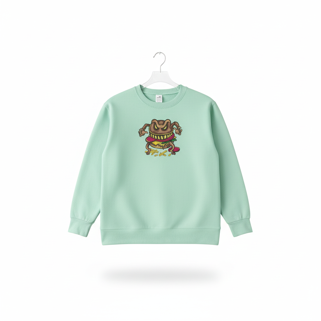 Cursed Burger Machine Embroidered Sweatshirt – Hand Finished in Dubai | EmbroMania