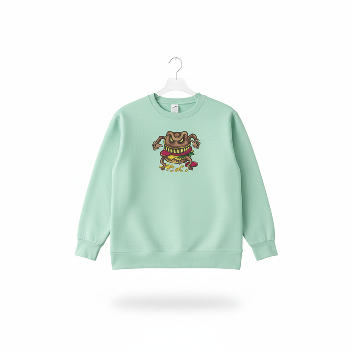 Cursed Burger Machine Embroidered Sweatshirt – Hand Finished in Dubai | EmbroMania