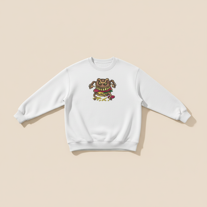 Cursed Burger Machine Embroidered Sweatshirt – Hand Finished in Dubai | EmbroMania