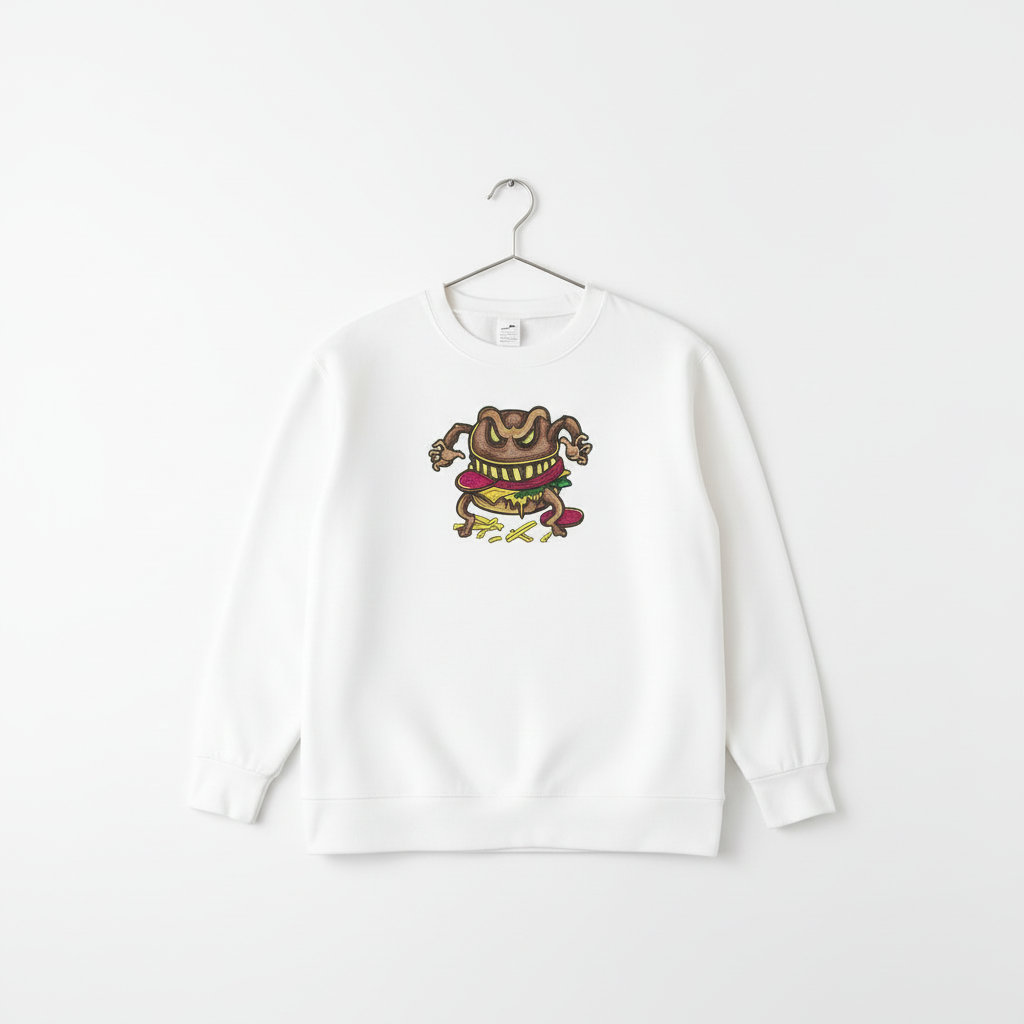Cursed Burger Machine Embroidered Sweatshirt – Hand Finished in Dubai | EmbroMania