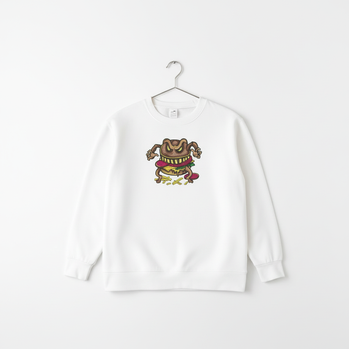Cursed Burger Machine Embroidered Sweatshirt – Hand Finished in Dubai | EmbroMania