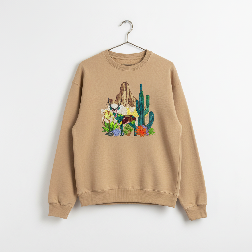 Geometric Desert Deer Machine Embroidered Sweatshirt – Hand Finished in Dubai | EmbroMania