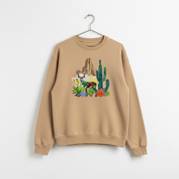Geometric Desert Deer Machine Embroidered Sweatshirt – Hand Finished in Dubai | EmbroMania