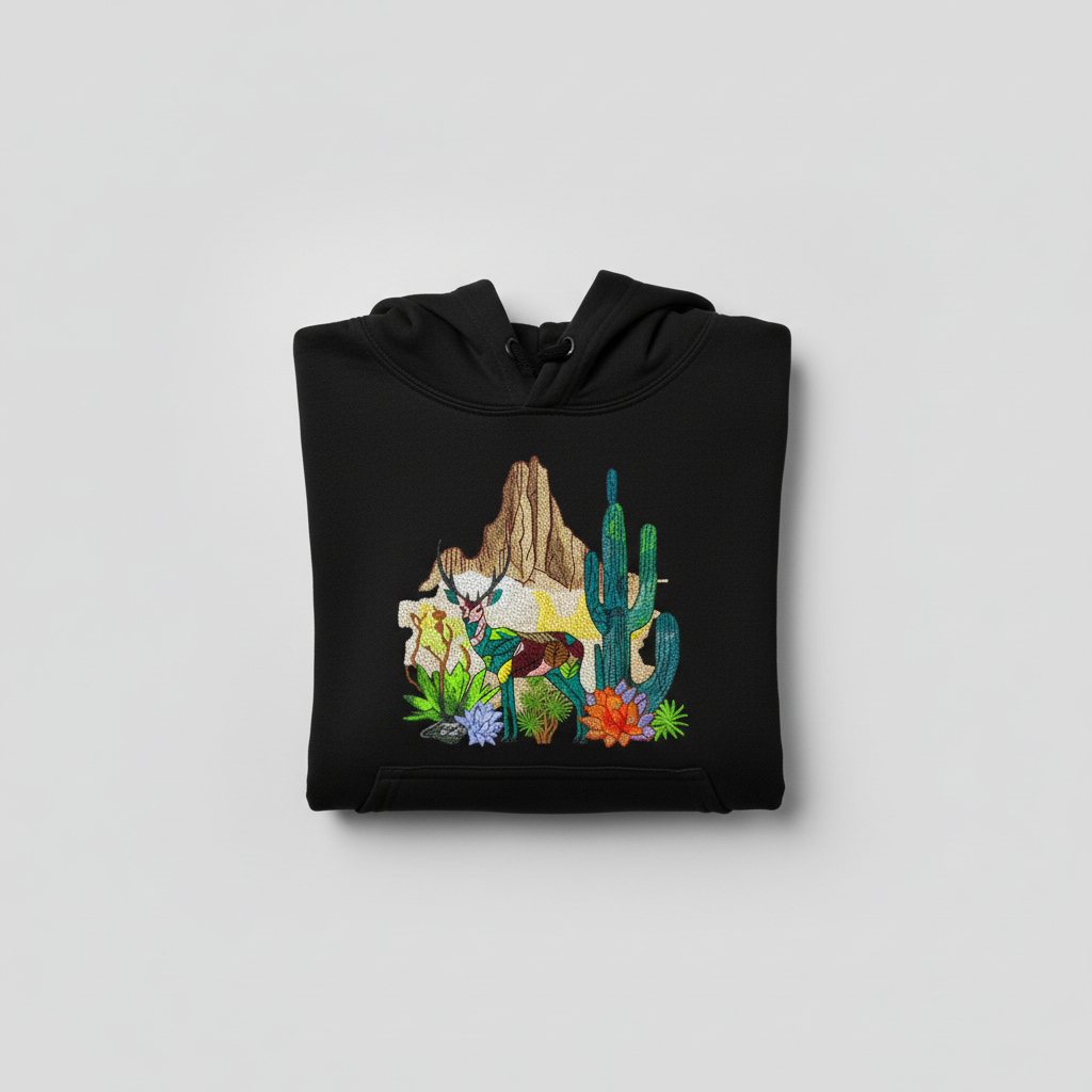 Geometric Desert Deer Machine Embroidered Hoodie – Hand Finished in Dubai | EmbroMania