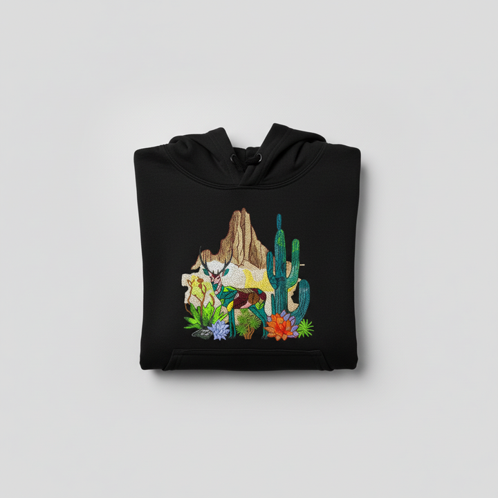 Geometric Desert Deer Machine Embroidered Hoodie – Hand Finished in Dubai | EmbroMania
