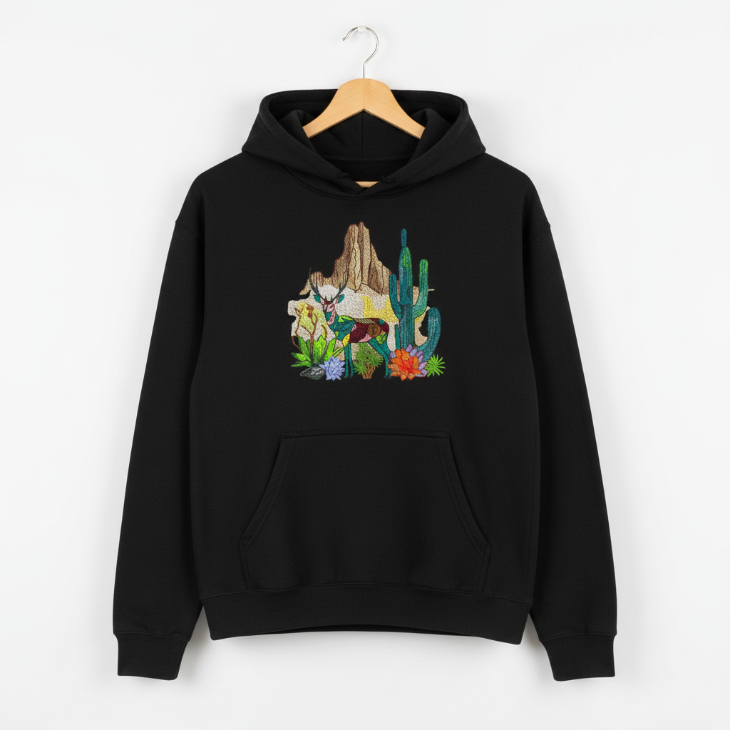 Geometric Desert Deer Machine Embroidered Hoodie – Hand Finished in Dubai | EmbroMania