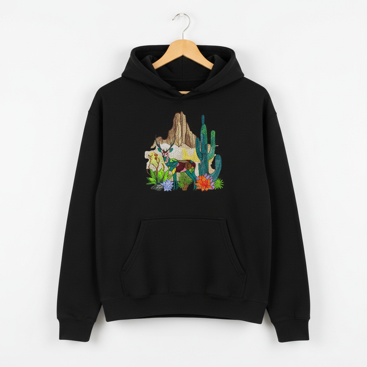 Geometric Desert Deer Machine Embroidered Hoodie – Hand Finished in Dubai | EmbroMania