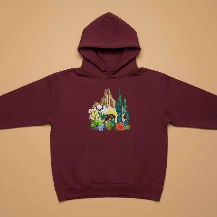 Geometric Desert Deer Machine Embroidered Hoodie – Hand Finished in Dubai | EmbroMania