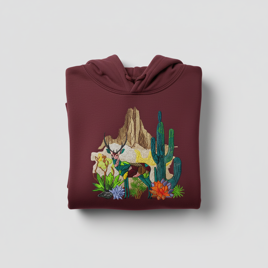 Geometric Desert Deer Machine Embroidered Hoodie – Hand Finished in Dubai | EmbroMania