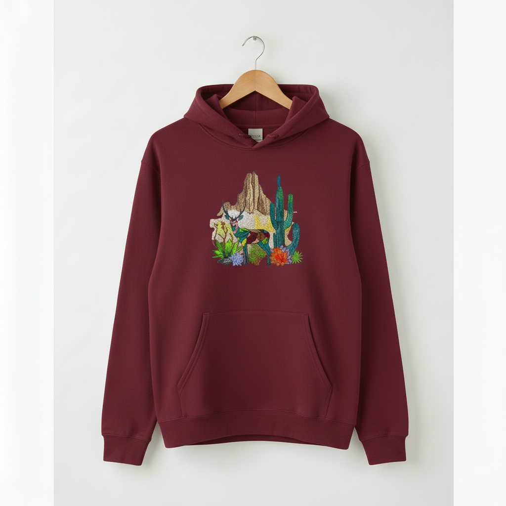 Geometric Desert Deer Machine Embroidered Hoodie – Hand Finished in Dubai | EmbroMania