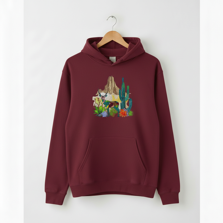 Geometric Desert Deer Machine Embroidered Hoodie – Hand Finished in Dubai | EmbroMania