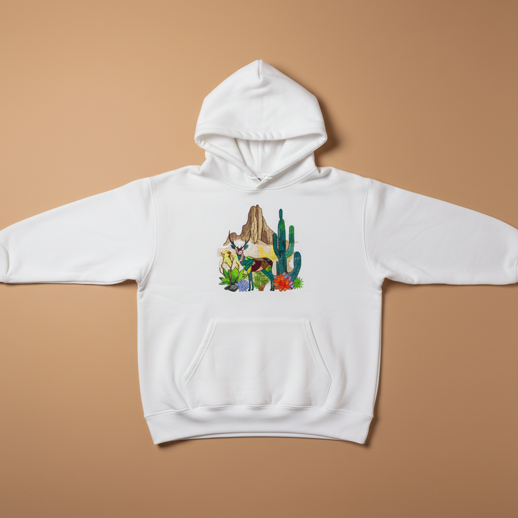 Geometric Desert Deer Machine Embroidered Hoodie – Hand Finished in Dubai | EmbroMania