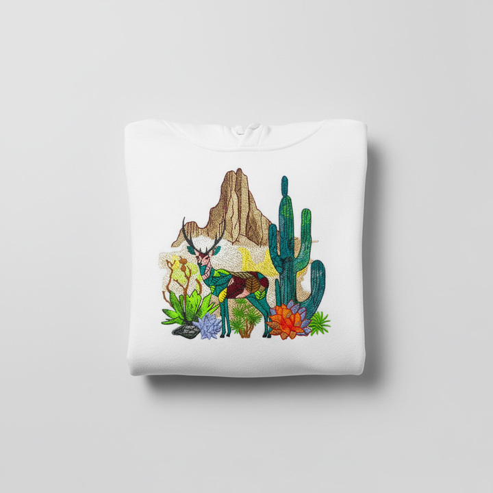 Geometric Desert Deer Machine Embroidered Hoodie – Hand Finished in Dubai | EmbroMania