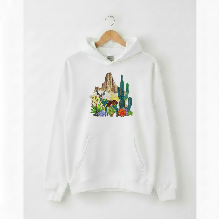 Geometric Desert Deer Machine Embroidered Hoodie – Hand Finished in Dubai | EmbroMania