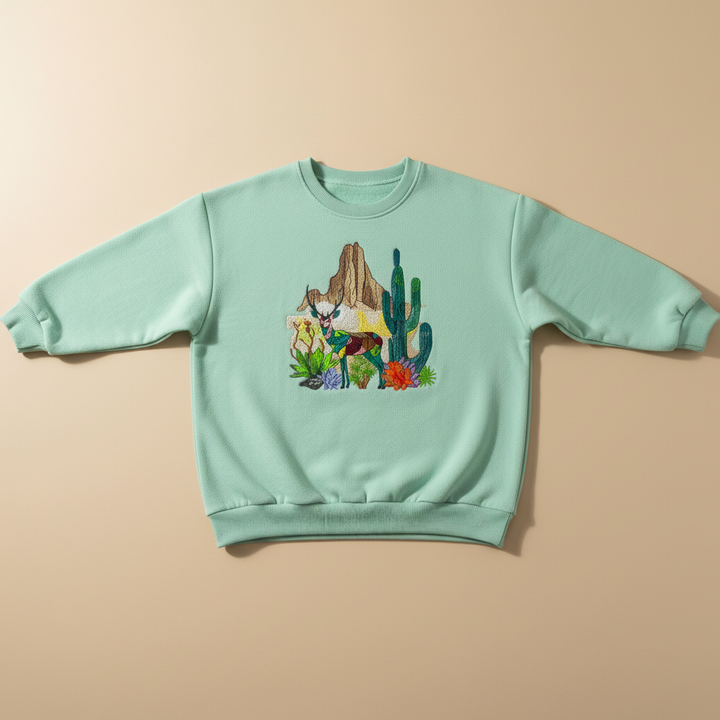 Geometric Desert Deer Machine Embroidered Sweatshirt – Hand Finished in Dubai | EmbroMania