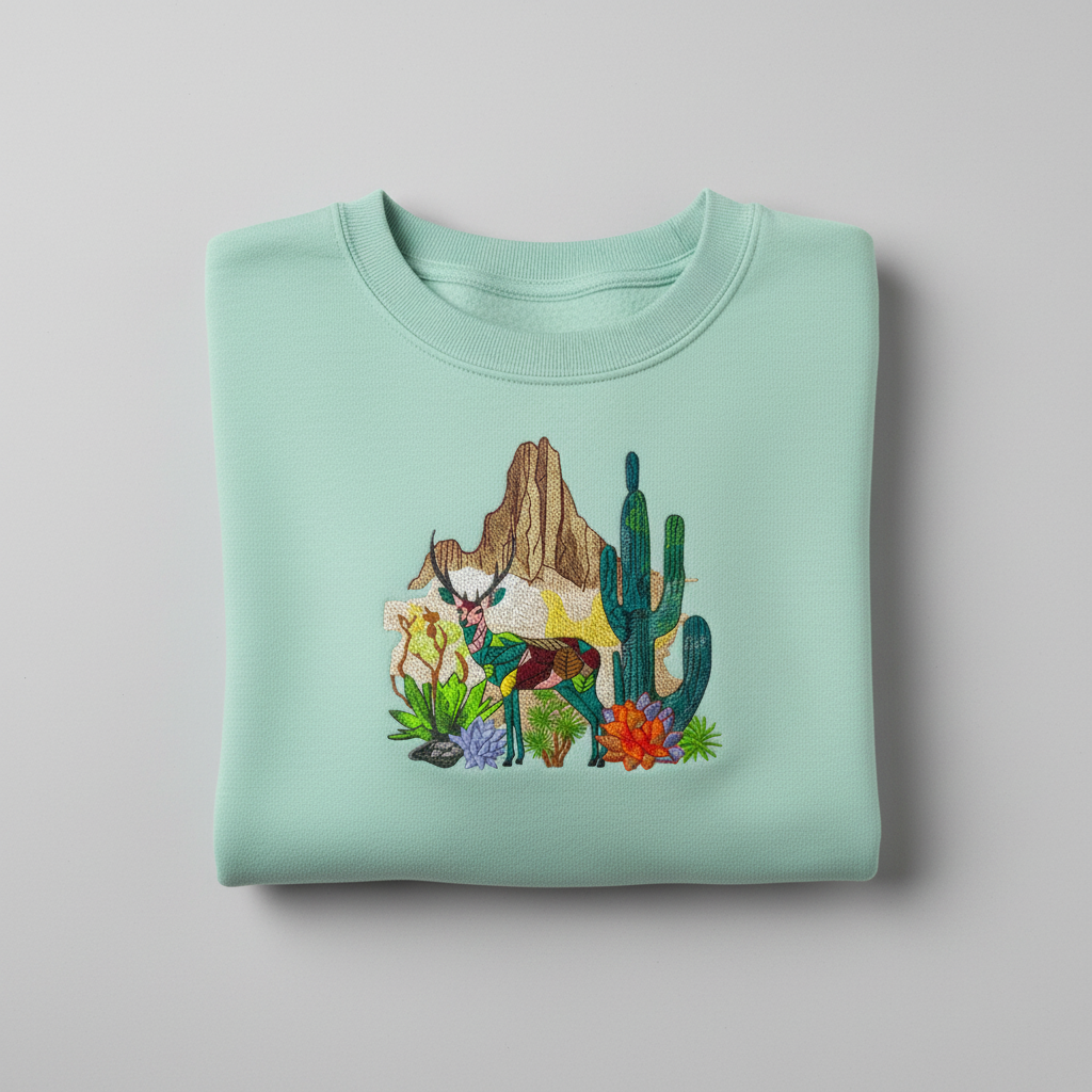 Geometric Desert Deer Machine Embroidered Sweatshirt – Hand Finished in Dubai | EmbroMania