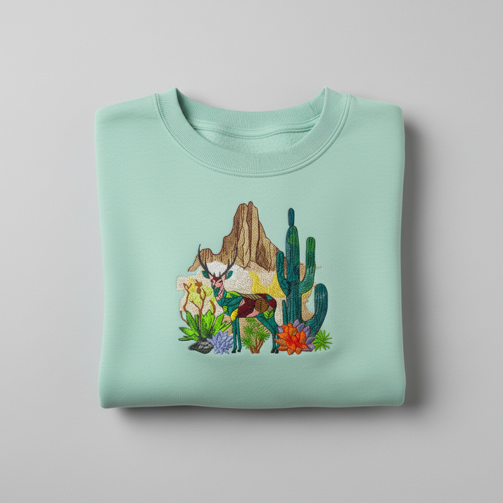 Geometric Desert Deer Machine Embroidered Sweatshirt – Hand Finished in Dubai | EmbroMania