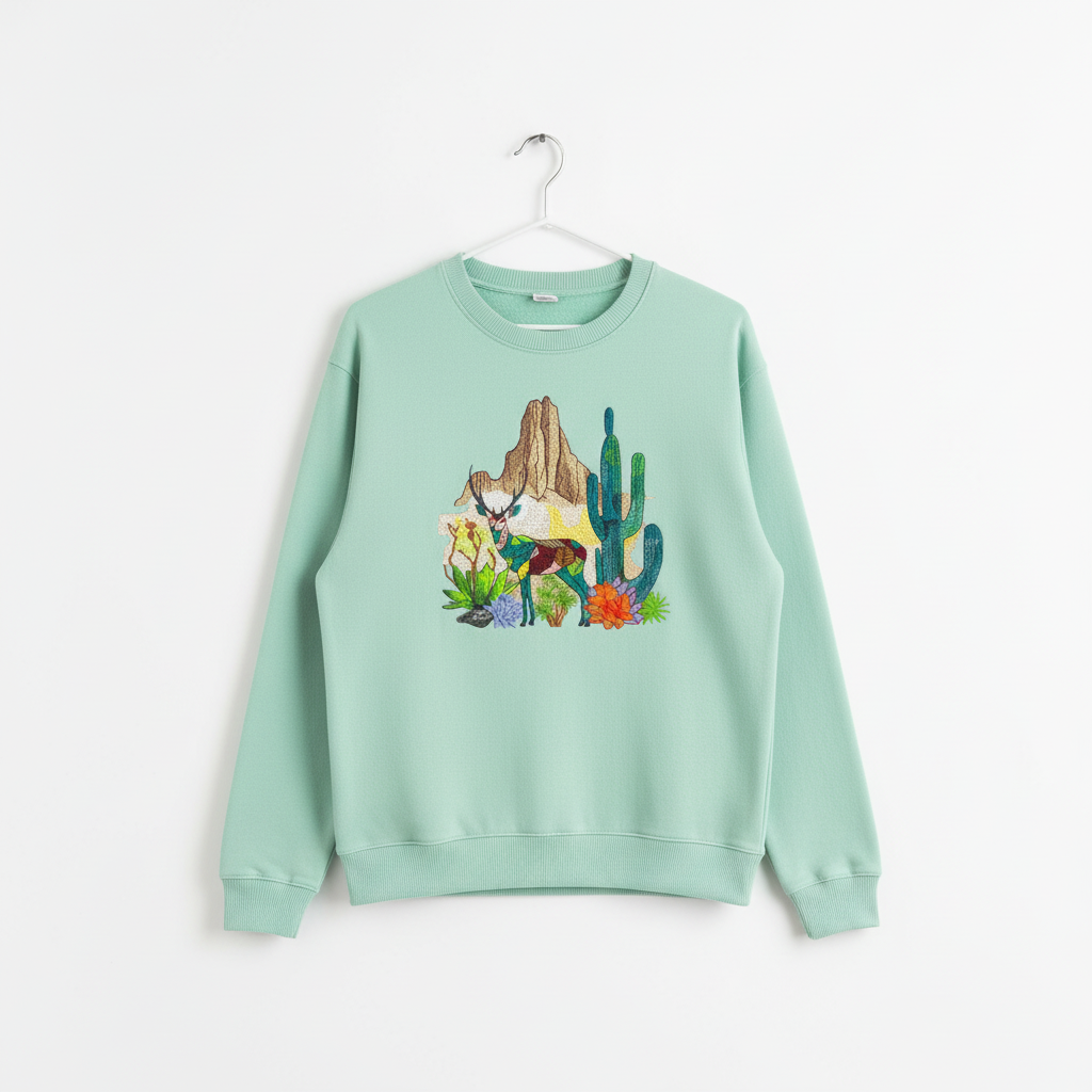 Geometric Desert Deer Machine Embroidered Sweatshirt – Hand Finished in Dubai | EmbroMania