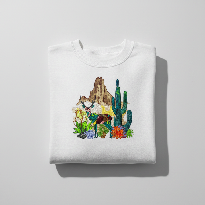 Geometric Desert Deer Machine Embroidered Sweatshirt – Hand Finished in Dubai | EmbroMania
