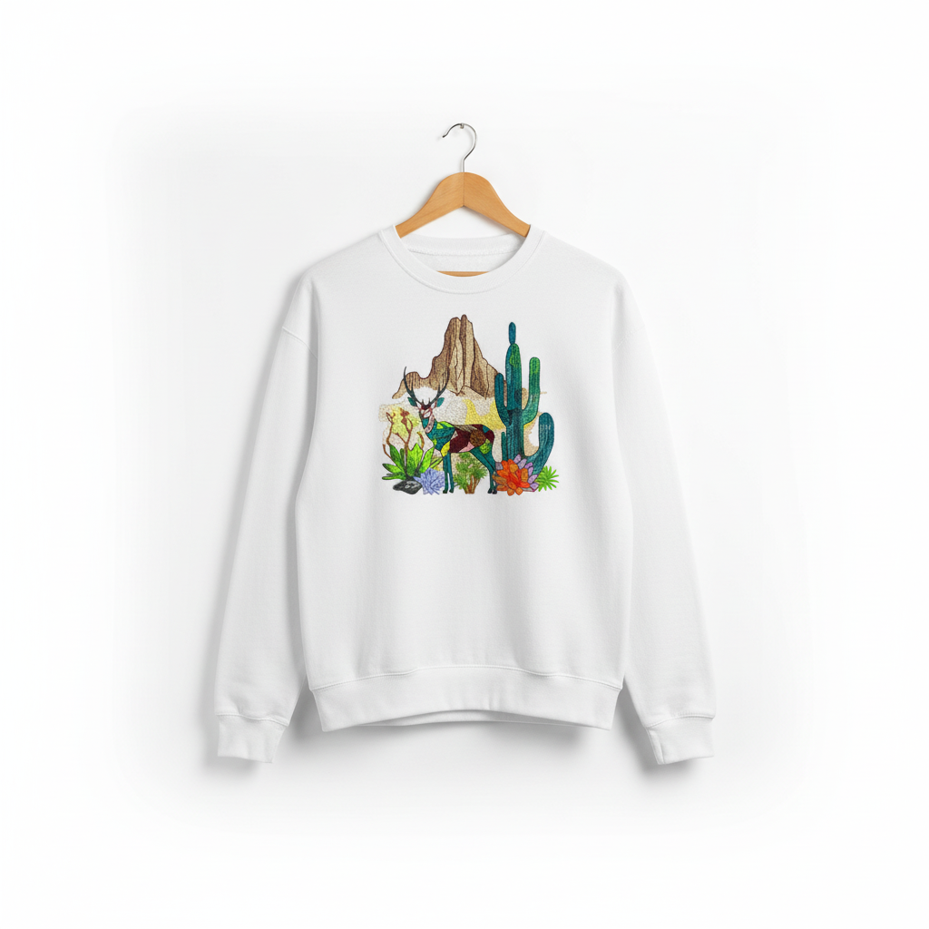 Geometric Desert Deer Machine Embroidered Sweatshirt – Hand Finished in Dubai | EmbroMania