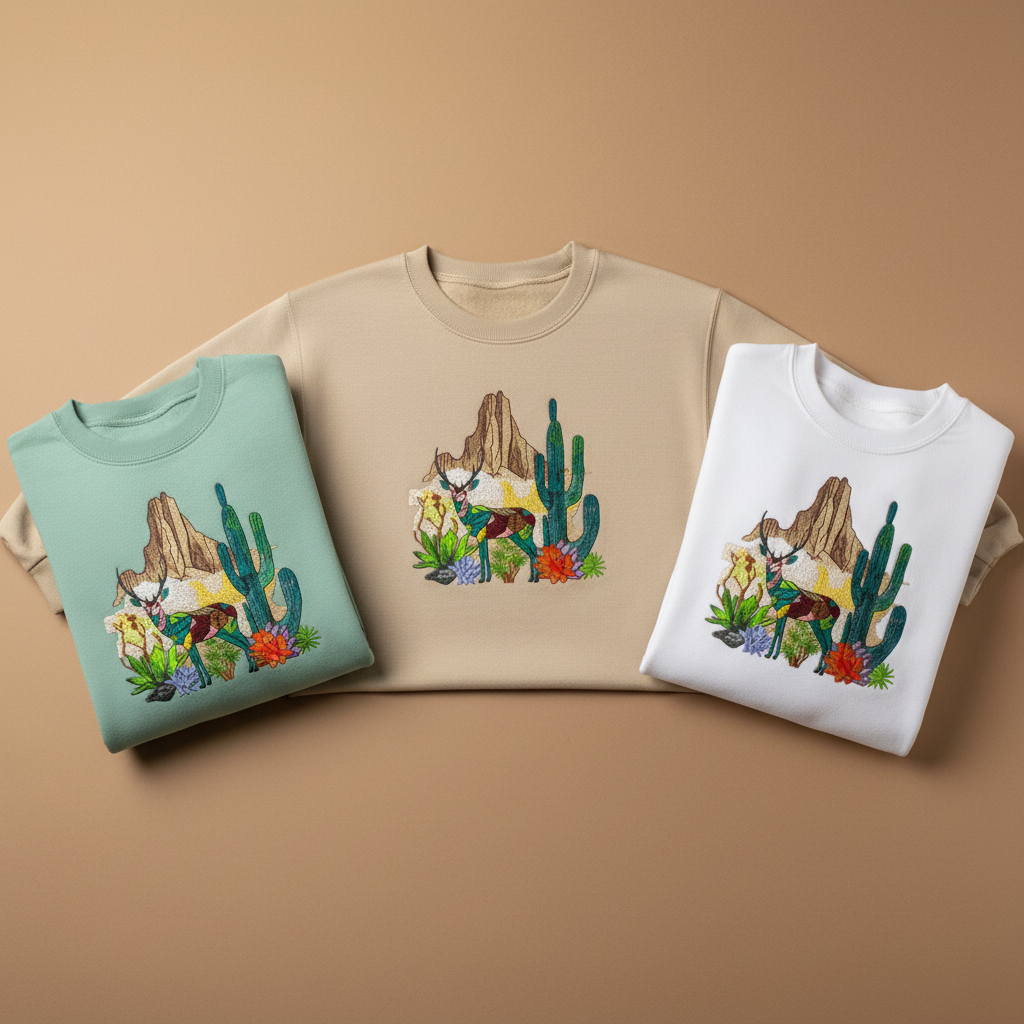 Geometric Desert Deer Machine Embroidered Sweatshirt – Hand Finished in Dubai | EmbroMania