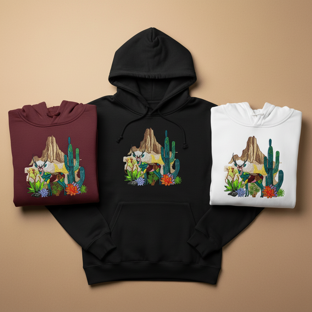 Geometric Desert Deer Machine Embroidered Hoodie – Hand Finished in Dubai | EmbroMania