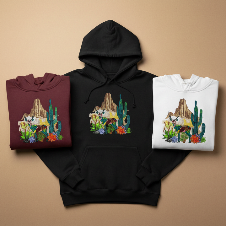 Geometric Desert Deer Machine Embroidered Hoodie – Hand Finished in Dubai | EmbroMania