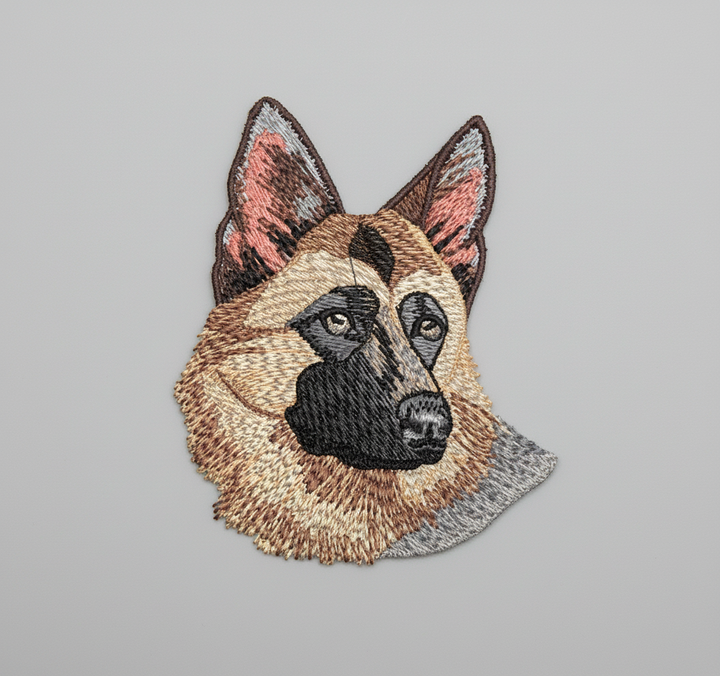 Realistic German Shepherd embroidery patch featuring a detailed dog portrait with upright ears, tan and black coat markings, and textured thread shading on a light background, original EmbroMania artwork.