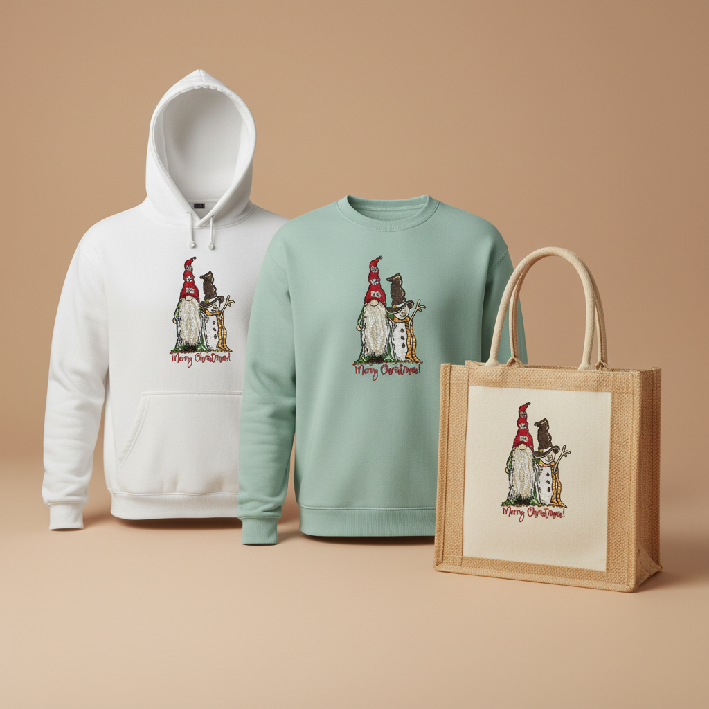 Gnome & Snowman Merry Christmas Machine Embroidered Sweatshirt – Hand Finished in Dubai | EmbroMania