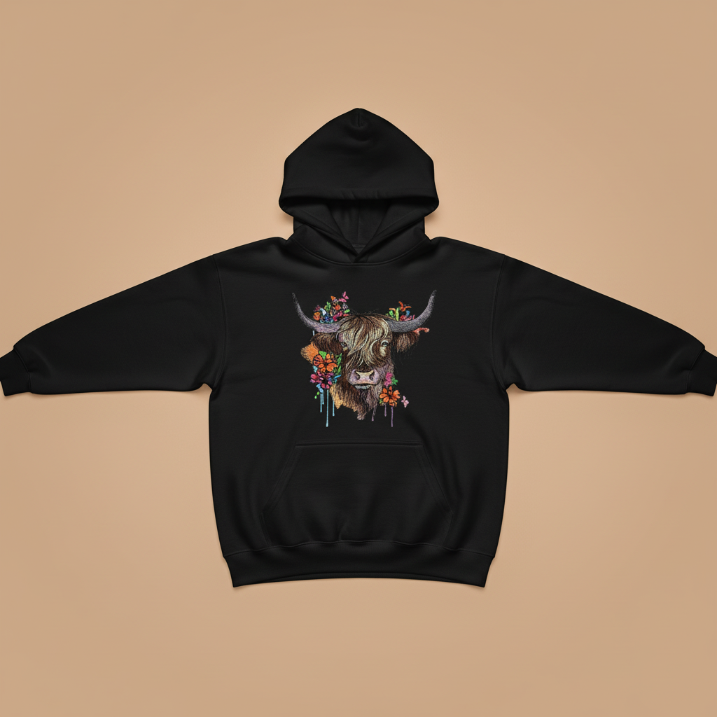 Floral Highland Cow — Embroidered Hoodie