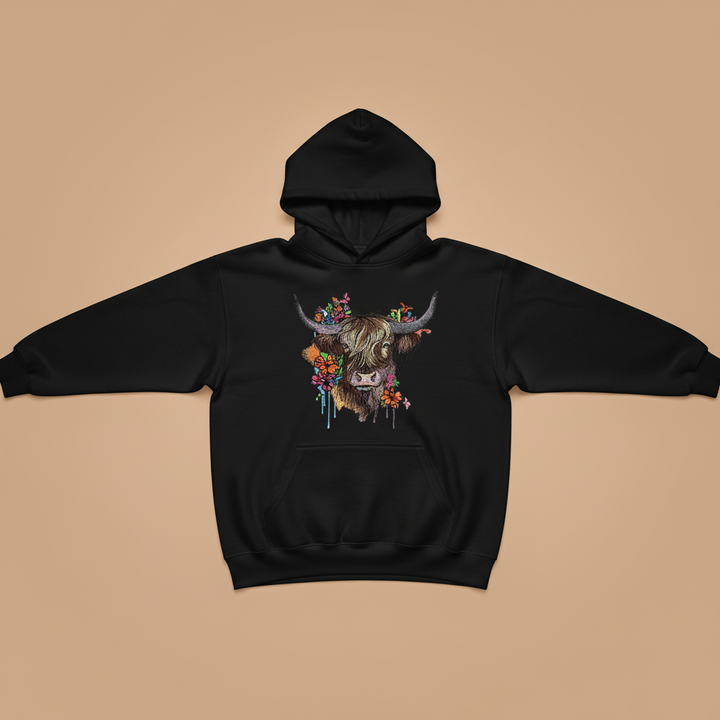 Floral Highland Cow — Embroidered Hoodie