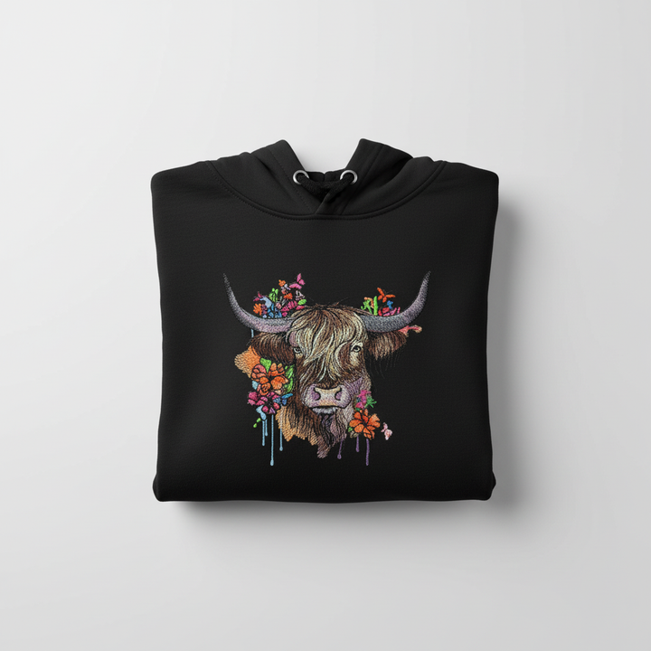 Floral Highland Cow Machine Embroidered Hoodie – Hand Finished in Dubai | EmbroMania