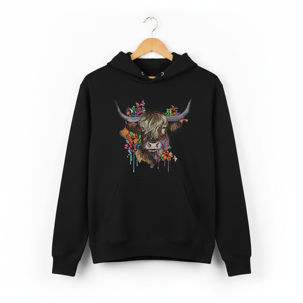 Floral Highland Cow Machine Embroidered Hoodie – Hand Finished in Dubai | EmbroMania