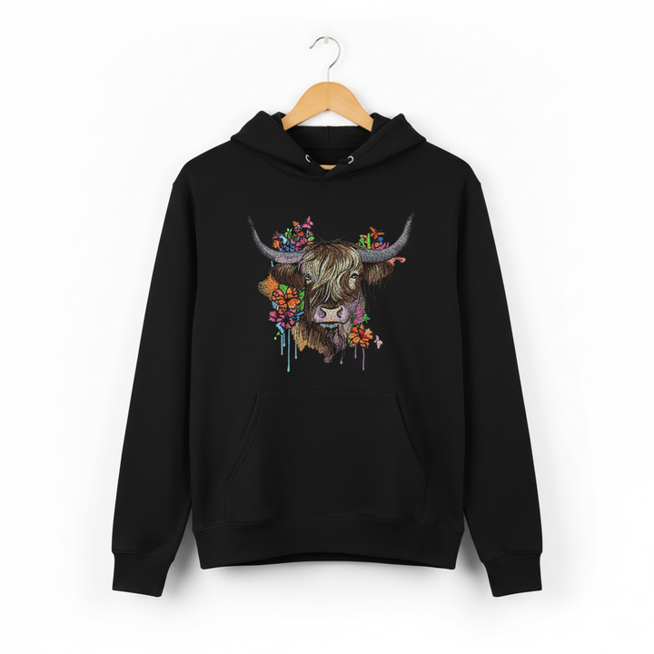 Floral Highland Cow Machine Embroidered Hoodie – Hand Finished in Dubai | EmbroMania