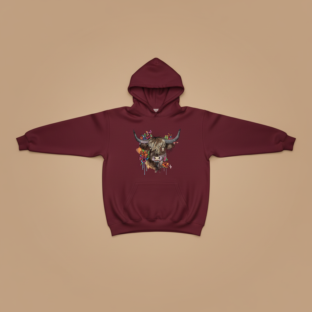 Floral Highland Cow Machine Embroidered Hoodie – Hand Finished in Dubai | EmbroMania