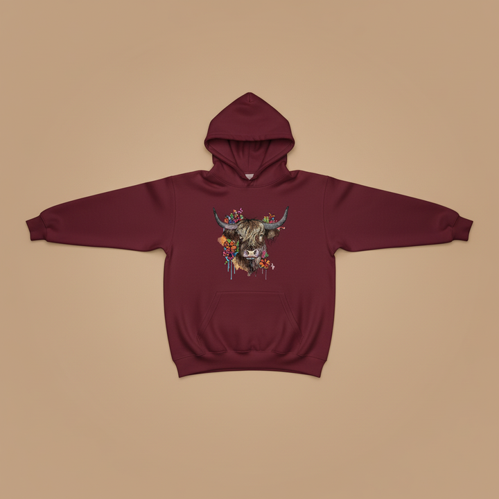 Floral Highland Cow Machine Embroidered Hoodie – Hand Finished in Dubai | EmbroMania