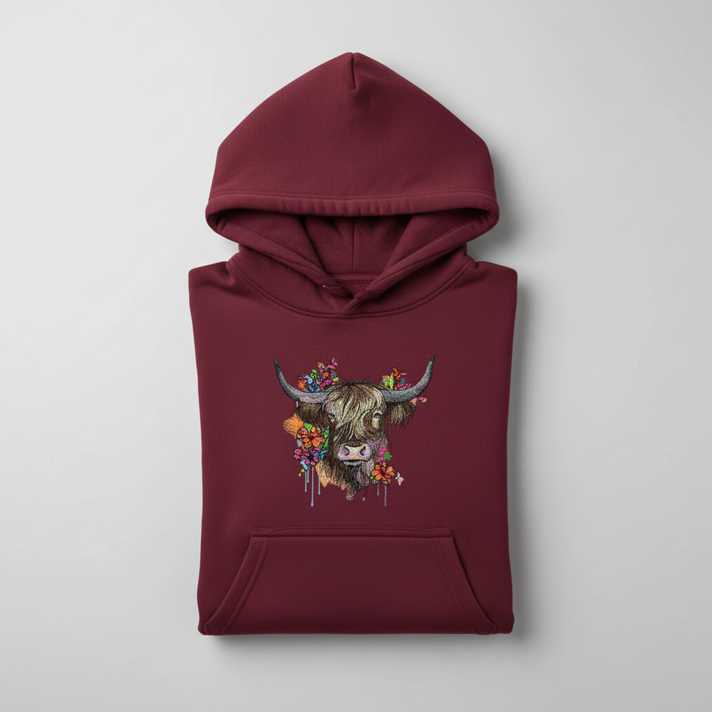 Floral Highland Cow Machine Embroidered Hoodie – Hand Finished in Dubai | EmbroMania