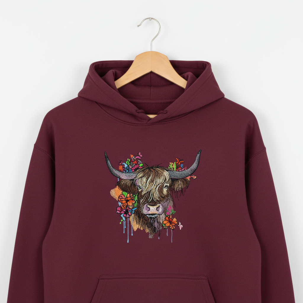 Floral Highland Cow Machine Embroidered Hoodie – Hand Finished in Dubai | EmbroMania