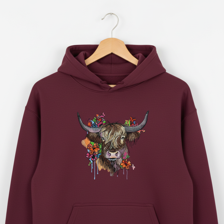 Floral Highland Cow Machine Embroidered Hoodie – Hand Finished in Dubai | EmbroMania