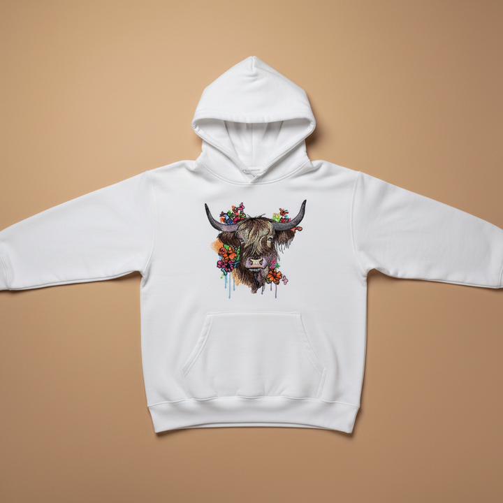 Floral Highland Cow Machine Embroidered Hoodie – Hand Finished in Dubai | EmbroMania