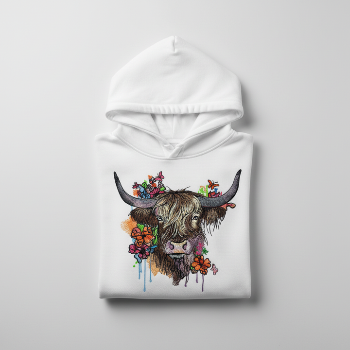 Floral Highland Cow Machine Embroidered Hoodie – Hand Finished in Dubai | EmbroMania
