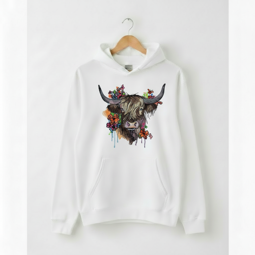Floral Highland Cow Machine Embroidered Hoodie – Hand Finished in Dubai | EmbroMania
