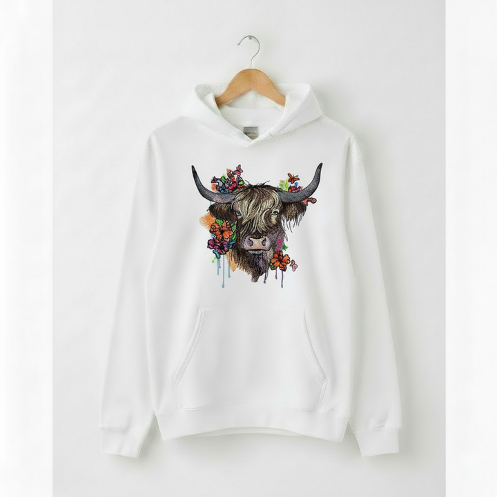 Floral Highland Cow Machine Embroidered Hoodie – Hand Finished in Dubai | EmbroMania