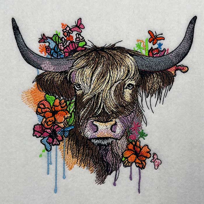 Highland Floral Cow Machine Embroidered Jute Tote – Hand Finished in Dubai | EmbroMania